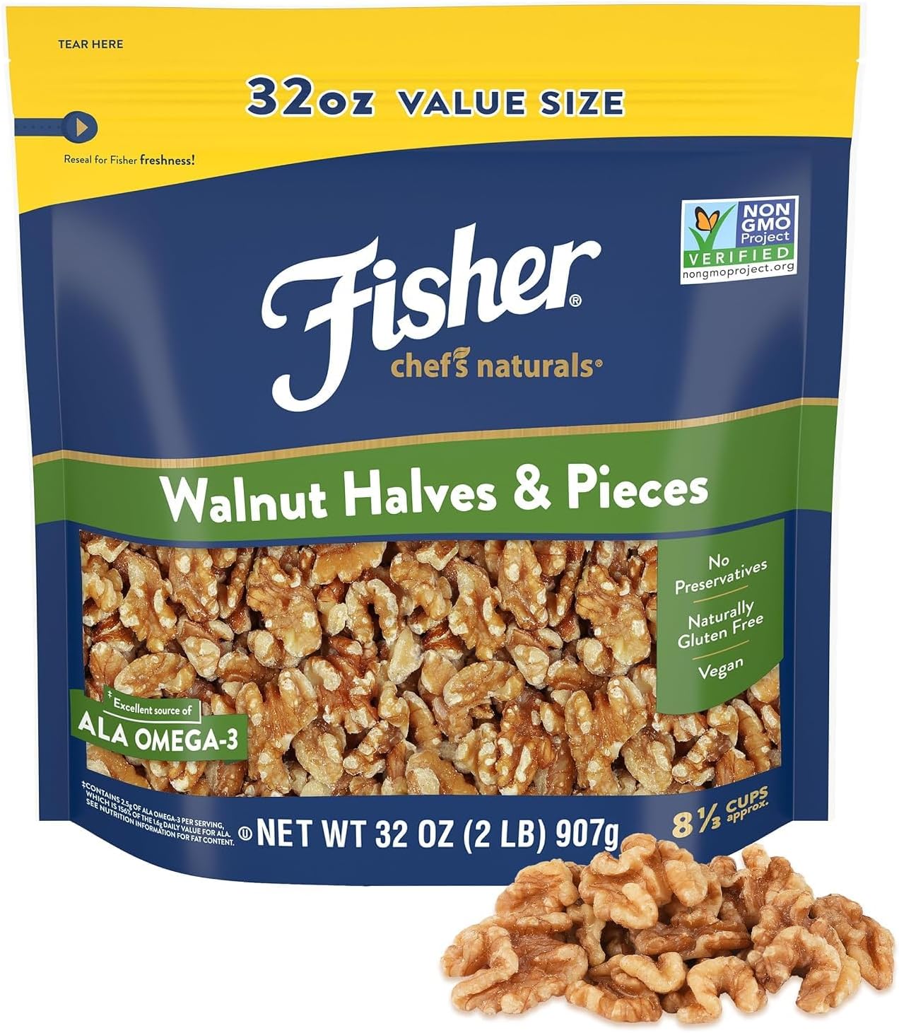 Fisher Walnut Halves & Pieces, Unsalted California Baking Nuts, 2 lb Bag