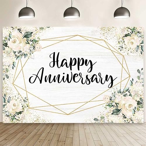 AIBIIN Telón de fondo de aniversario floral blanco de 8 x 6 pies fondo de fotografía de pared de madera blanca alegría a boda aniversario cumpleaños