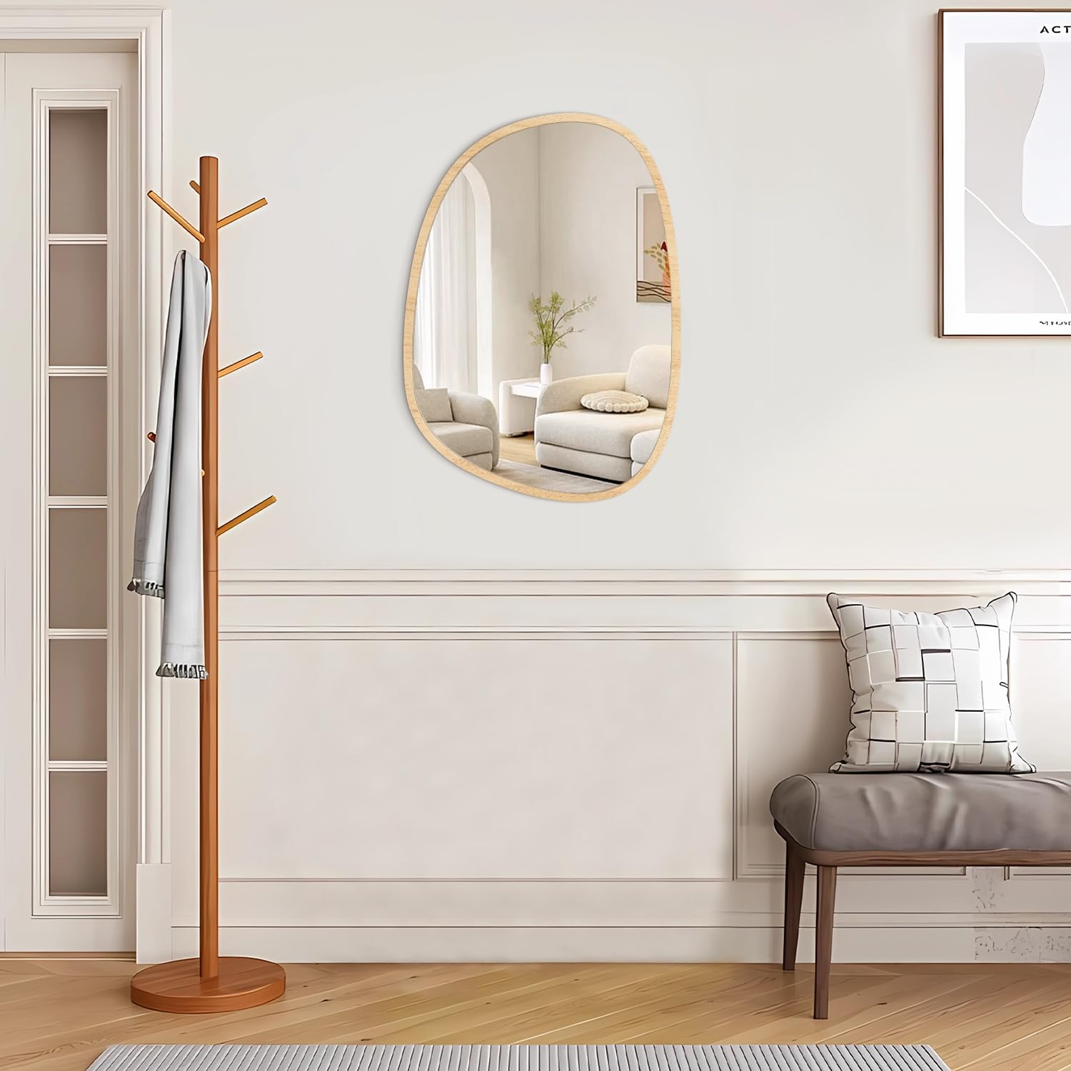Unregelmäßiger hölzerner Wandspiegel Ovaler Rahmen Asymmetrischer Spiegel für Wand Eitelkeit Schlafzimmer Badezimmer Wohnzimmer Flur Modern Einzigartig Dekorativ Kunstvoll Hängender Spiegel