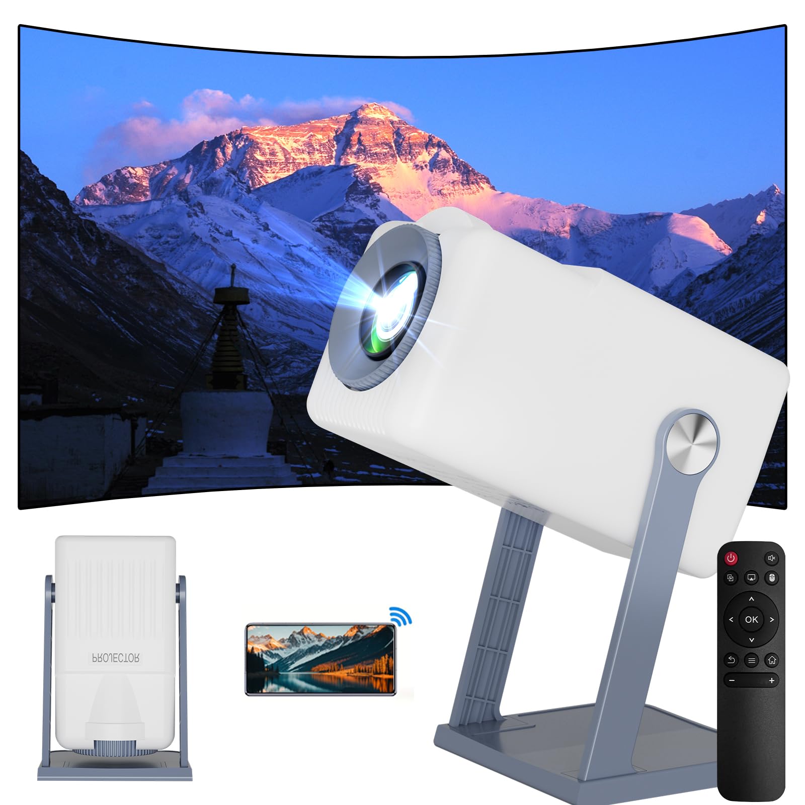 Mini Proyector Portátil con Soporte 4K/1080P Películas, Android 11, 40-150 Pulgadas, Corrección Automática de Keystone Vertical, WiFi6 + BT5.0, Rotación 360°, Altavoces Integrados, Cine en Casa