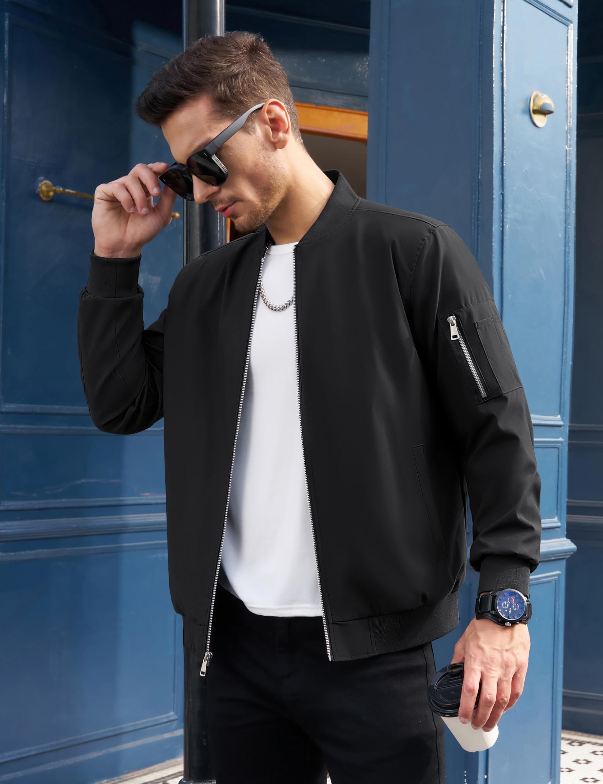 TACVASEN Giacca bomber da uomo, elegante, casual, leggera, estiva, elegante, sottile, leggera, impermeabile, antivento, per primavera e autunno, nero, M, Nero , M