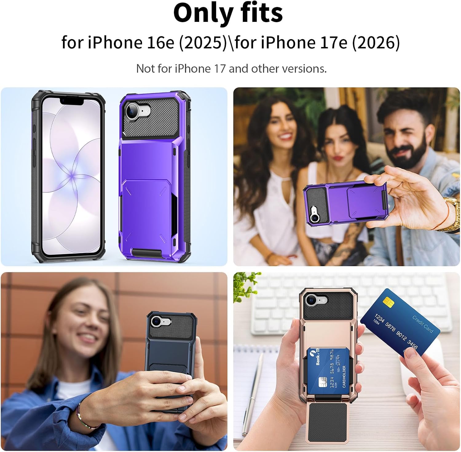 USB C Cable Beaded Cute USB-A Charger Cable, AFGHOA for iPhone 17e Wallet Case,5 Credit Card Holder Case for iPhone 16e 17e, Shockproof Dual Layer Flip Cover Secure Hidden ID Slot Holder for Women Men image 5