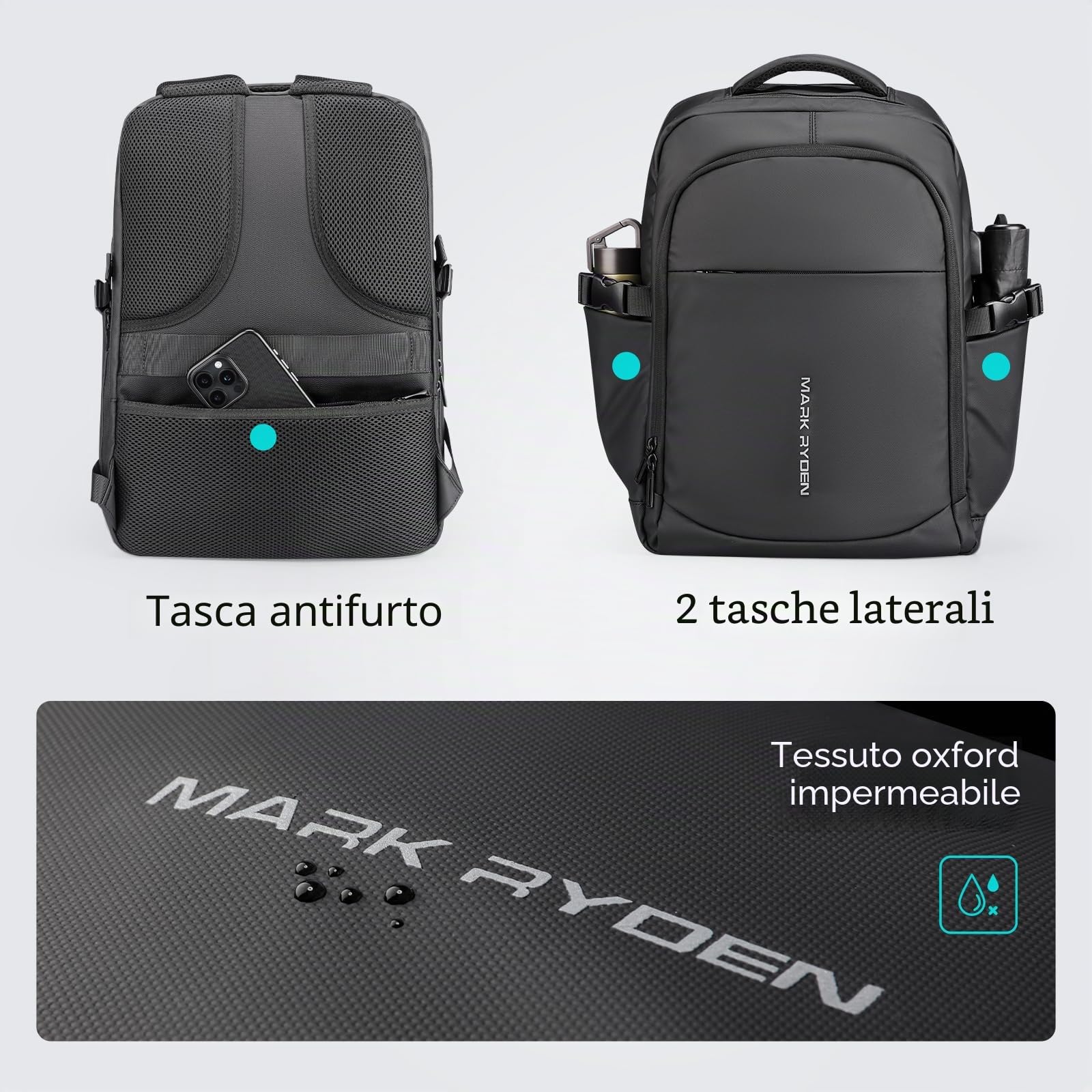 MARK RYDEN Zaino per Computer Portatile da 15.6 Pollici per Laptop PC Anti Borseggio Anti Graffio Zaino da Lavoro Impermeabile con Presa Ricarica USB per Viaggiare Scuola e Ufficio