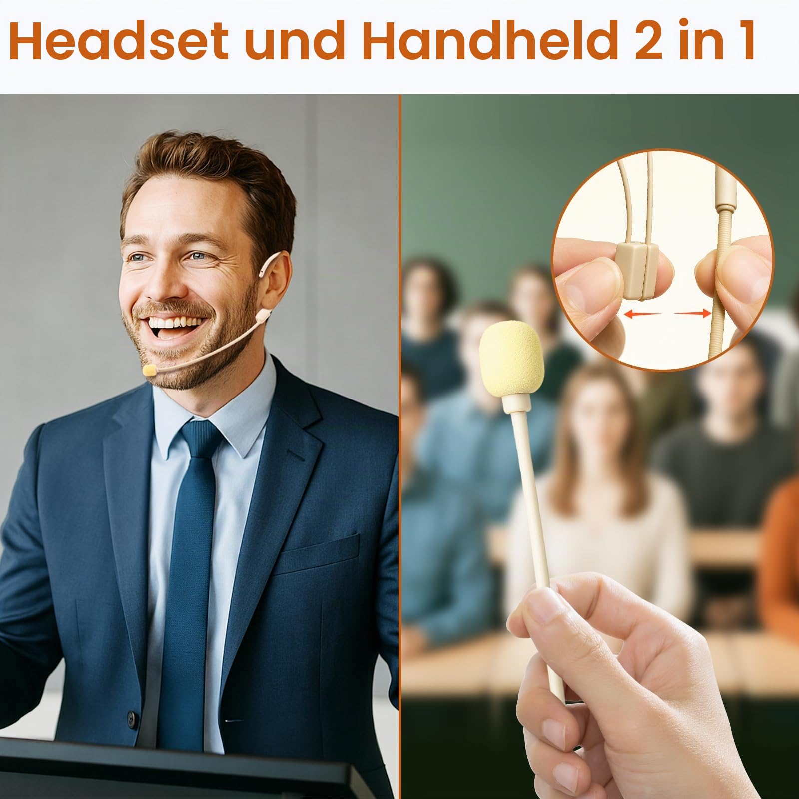 Kabelloses Headset Mikrofon, UHF Hautton Drahtloses Mikrofon Lautsprechersystem, Beigefarbene Sprachverstärker Funkmikrofon, 50m Kabelloser Reichweite, für Lehrer, Reiseleiter, Fitnesstrainer