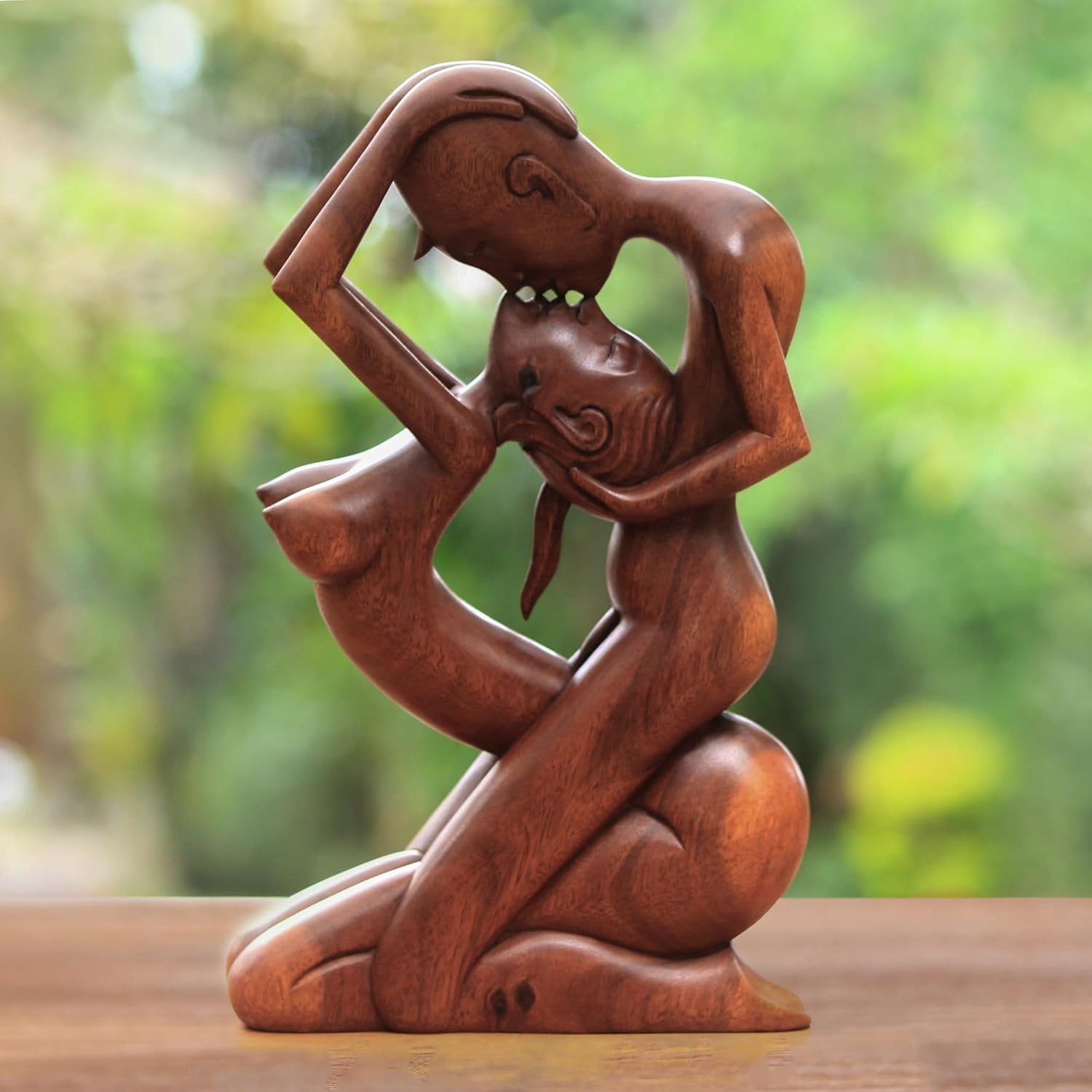 NOVICA Large Brown Romantic Suar Wood Sculpture, 15.75" Tall 'Upside-Down Kissing'