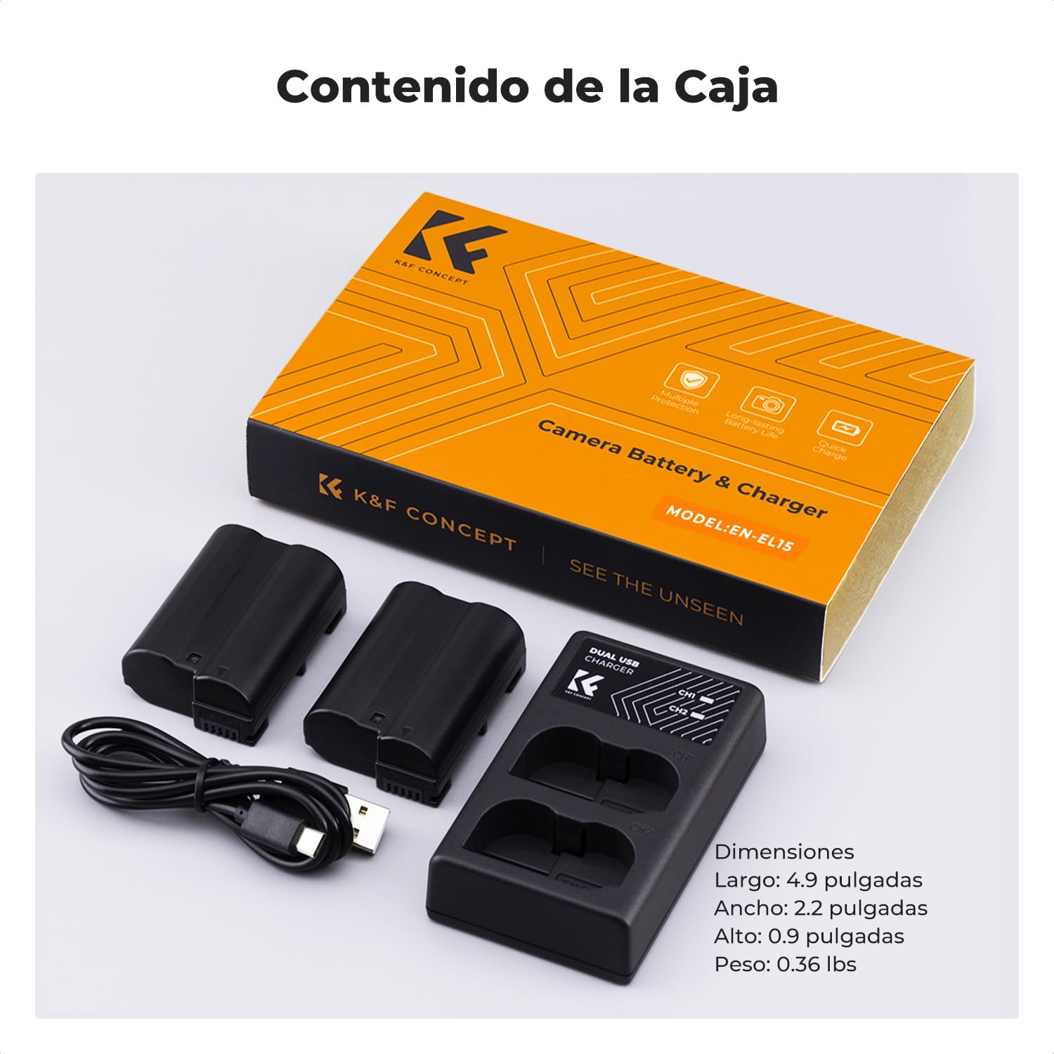 K&F CONCEPT Baterías EN-EL15/15A/15B Compatible con Nikon D7500/D850/D810/D750/D500, Z5/Z6II/Z7II, 2 Baterías 2100mAh, Cargador Dual USB-C/Micro USB