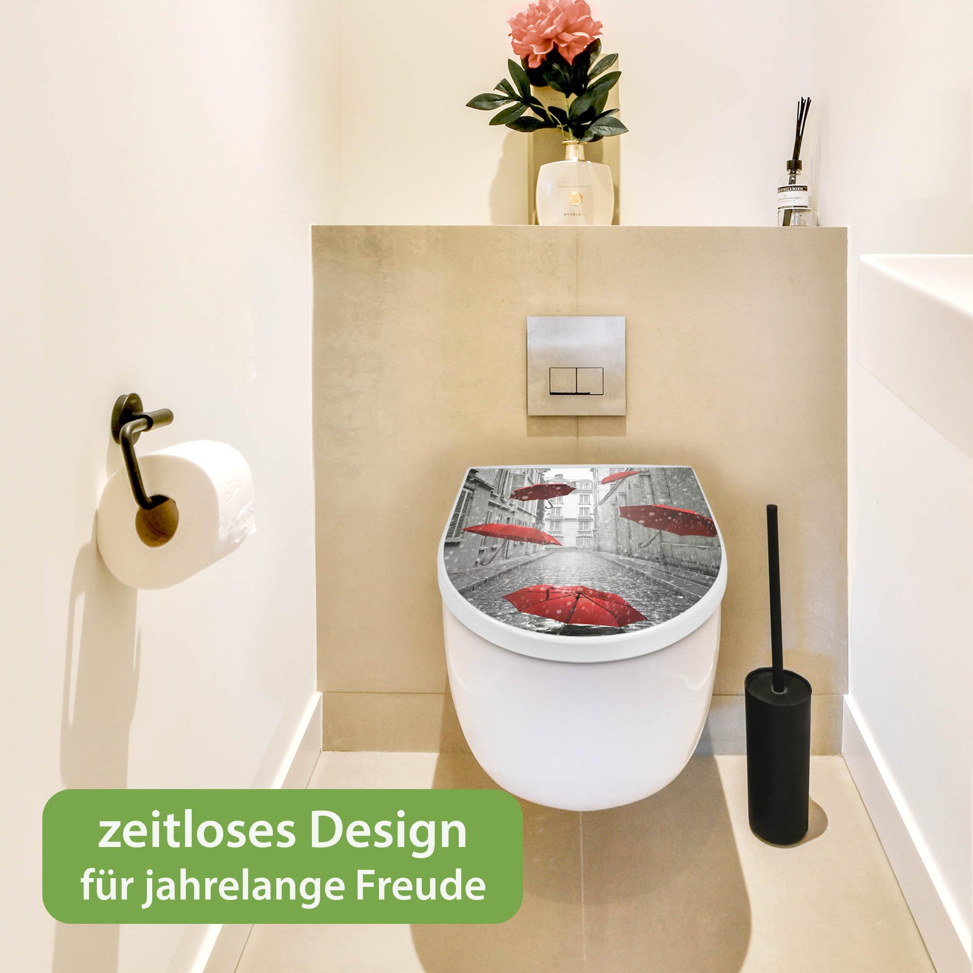 banjado WC Sitz mit Absenkautomatik D Form - Toilettendeckel mit Absenkautomatik D Form - Klodeckel Softclose - stabile Klobrille - Toilettensitz Weiß - Motiv Rote Schirme