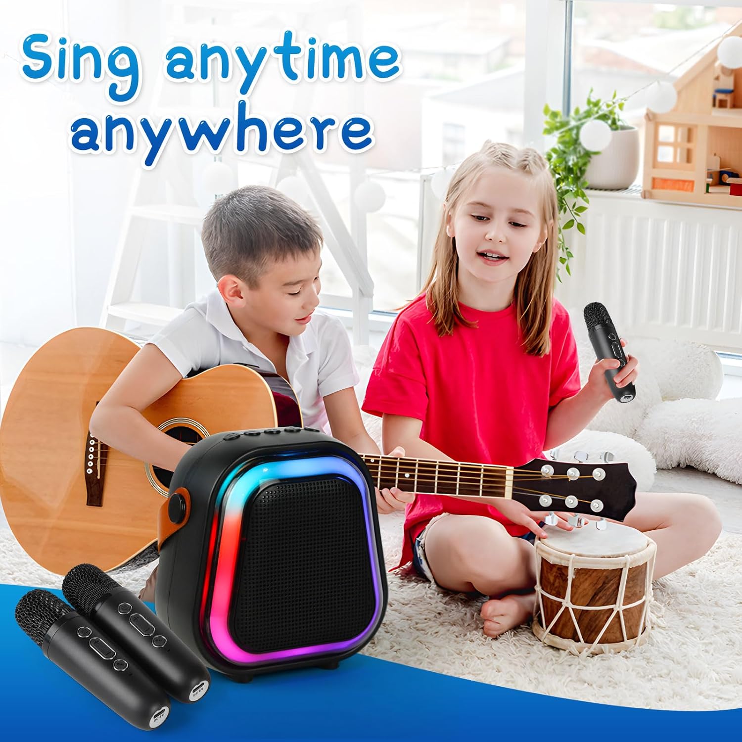 K269 Mini Karaoke Speaker with LED Lights, Portable Bluetooth Entertainment System with 2 Microphones, Dynamic Color-Changing Effects for Kids (Black+2 Mic) - Image 3