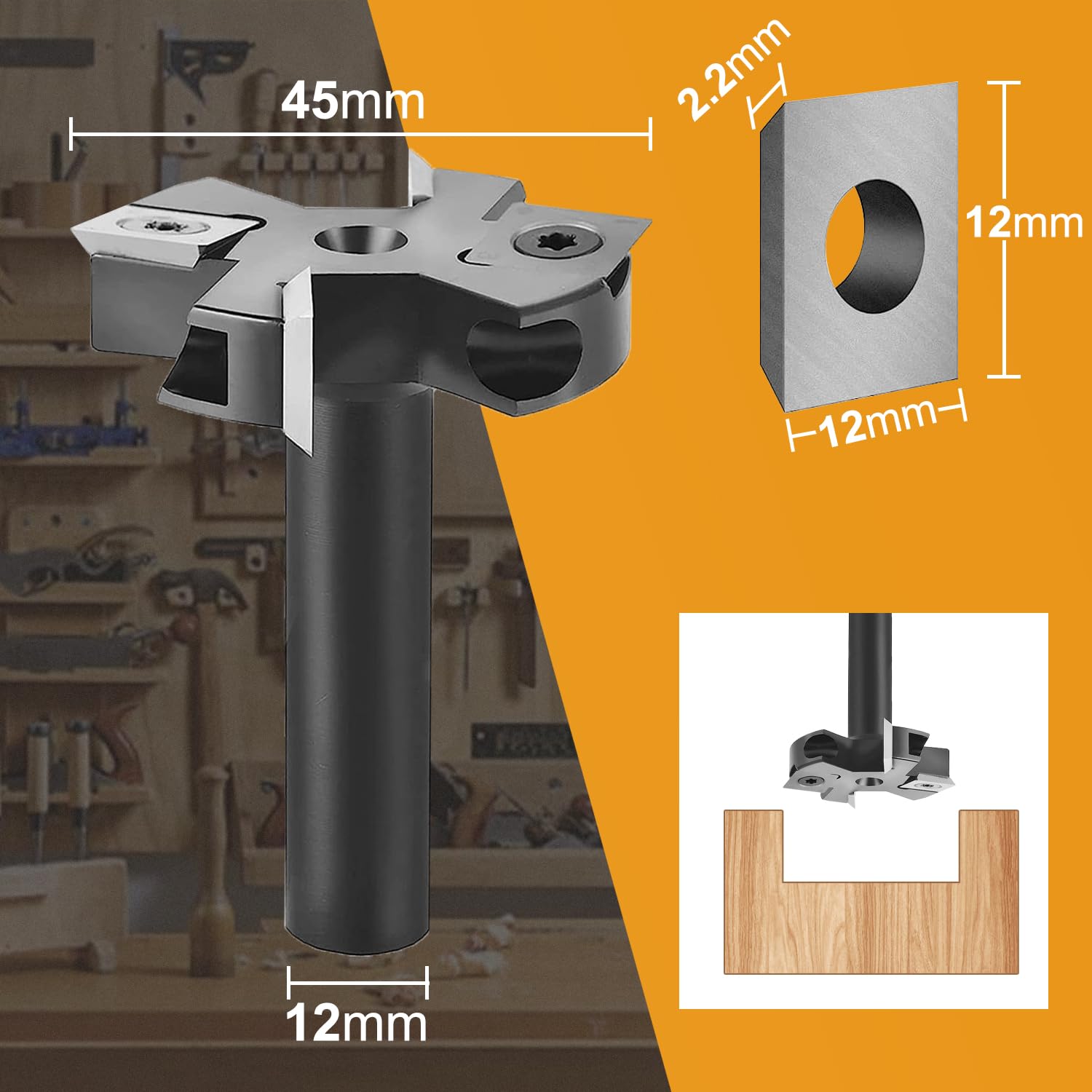SpeTool Frez powierzchniowy 12 mm średnica pręta 45 mm średnica cięcia z 2+2 wkładami frezu do drewna Frez do drewna CNC frez frezowanie frez frez