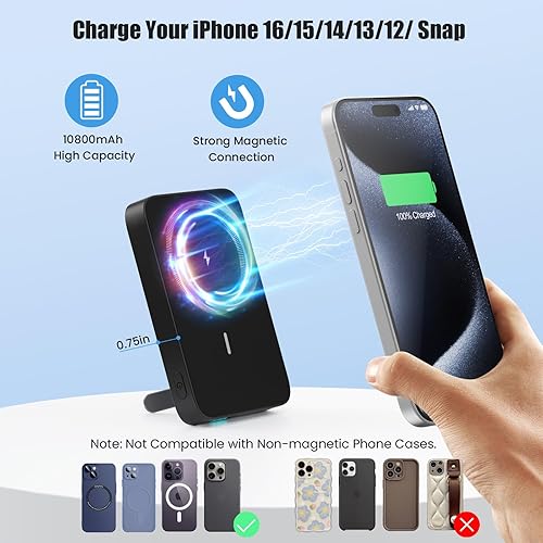 Miniatura 5 de Cargador portátil magnético de 10800 mAh batería inalámbrica con soporte plegable, pantalla LED de 25 W USB-C de entradasalida de carga rápida,