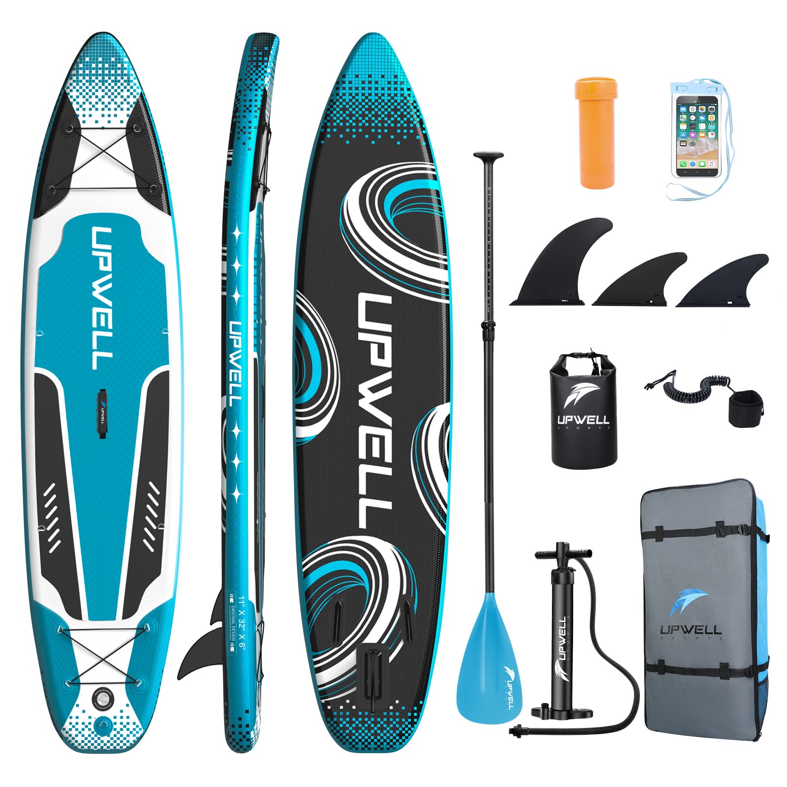 'UPWELL 11'/10'6''/10'2''Inflatable Stand Up Paddle Board with sup Accessories Including Backpack, Repairing Kits, Non-Slip Deck, Leash, 3 Fins, Paddle and Hand Pump'