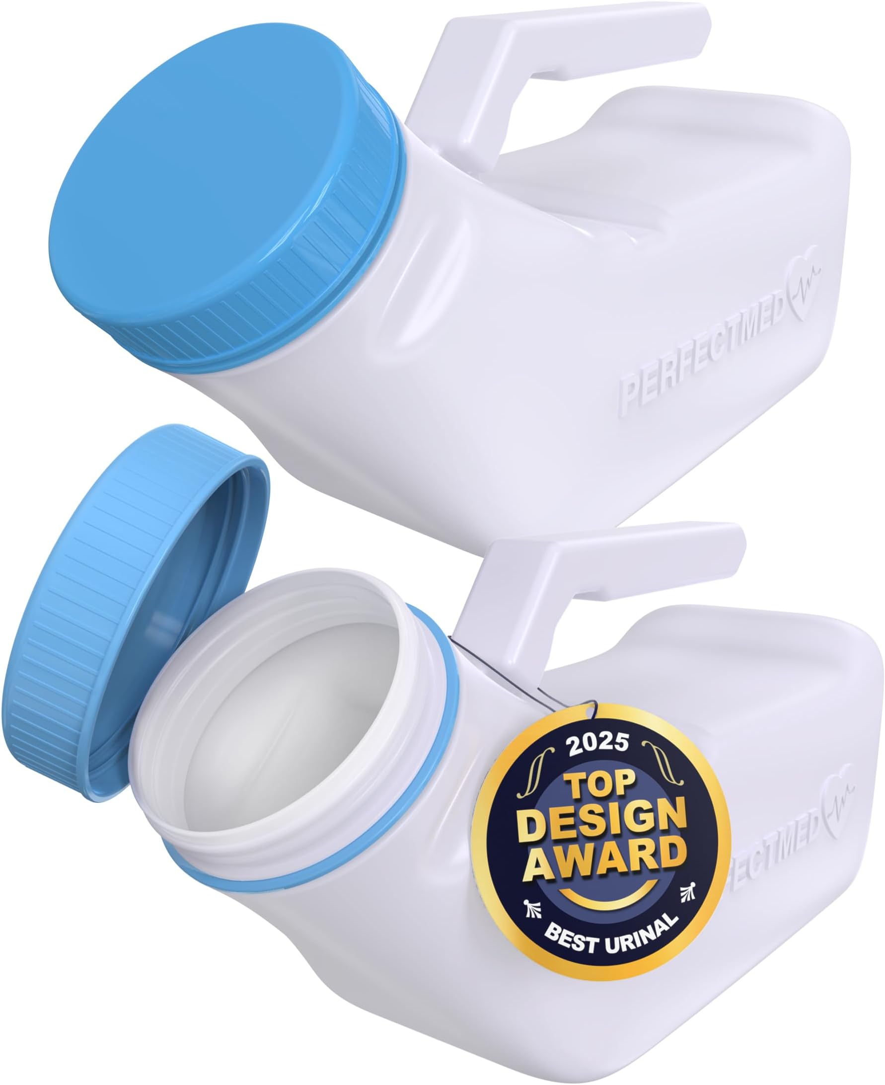 Urinals for Men Spill Proof by PerfectMed (2 Pack) - 32 oz/ 1000 ml | Portable Urine Bottle Bed Pan W/Glow in Dark Lid | Thick Plastic Pee Urinal Bottle