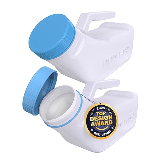 Urinals for Men Spill Proof by PerfectMed (2 Pack) - 32 oz/ 1000 ml | Portable Urine Bottle Bed Pan W/Glow in Dark Lid | Thick Plastic Pee Urinal Bottle