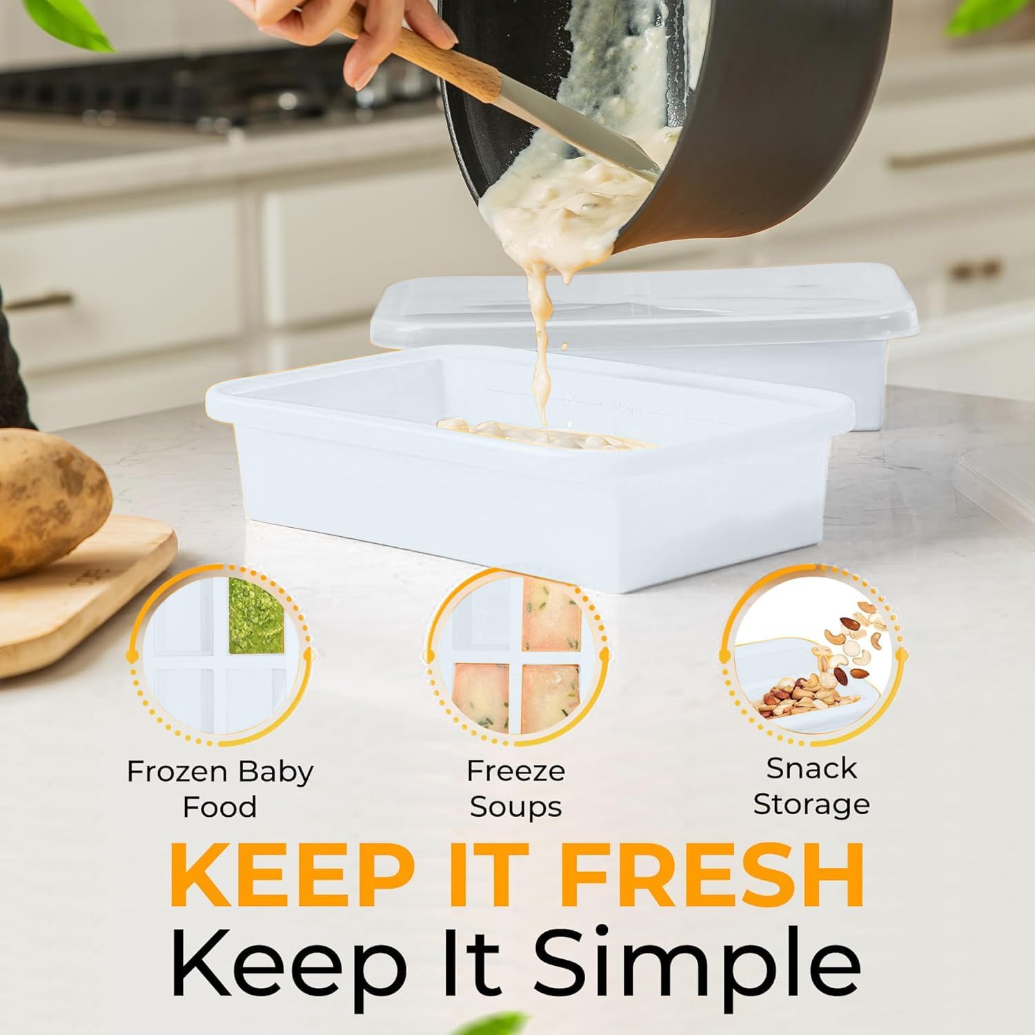 (2 Pack Large Silicone Freezer Containers For Soup, Pasta Sauce, Leftovers, Broth - 6 Cup White Reusable BPA Free Non Plastic Food Storage Freezing Ice Trays With Lids & Measurement Lines