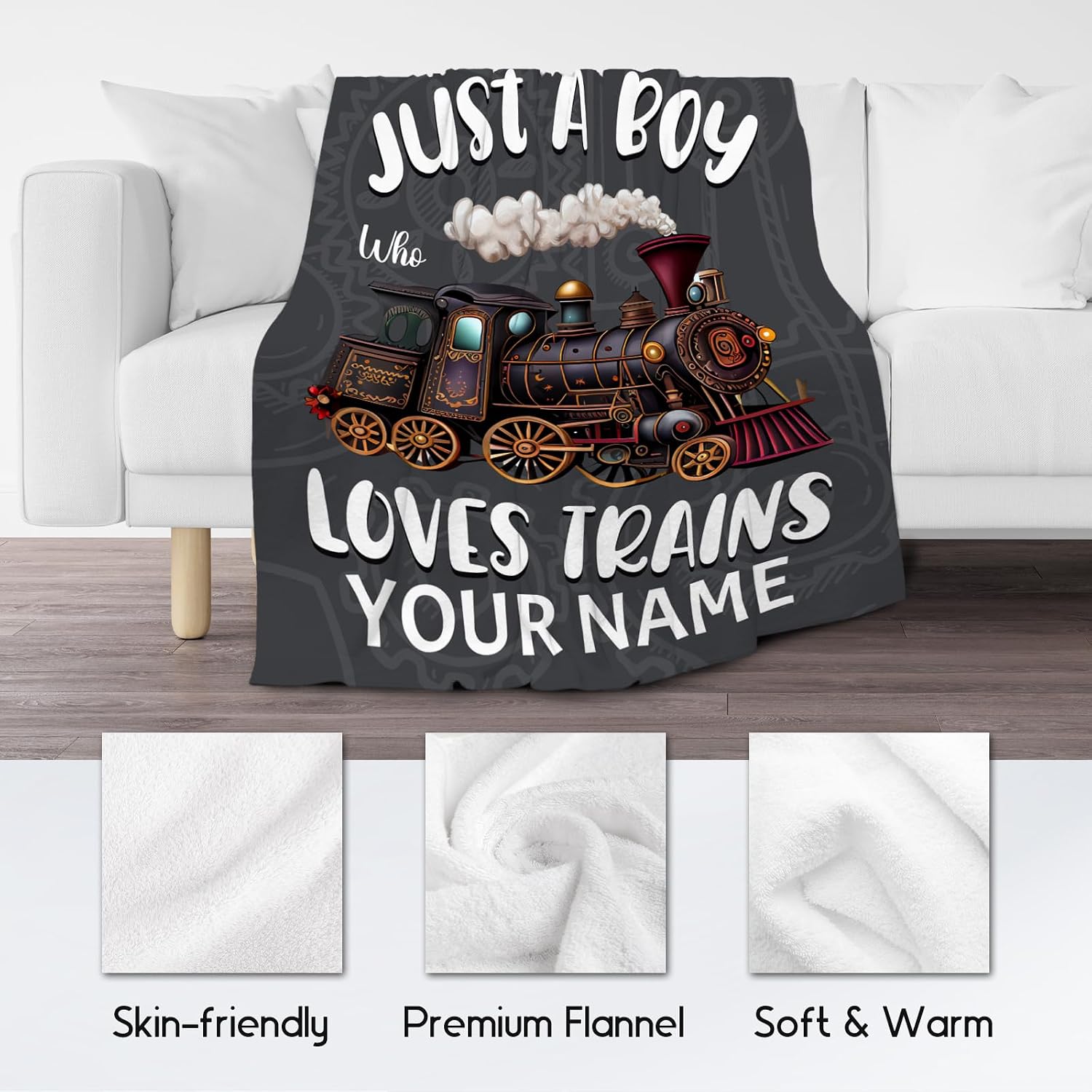 Custom Train Blanket for Boys - 60x80 Inches Twin Size - Soft Fuzzy Warm Throws Gifts - Black Cute Throw Blanket for Bed, Couch, Sofa