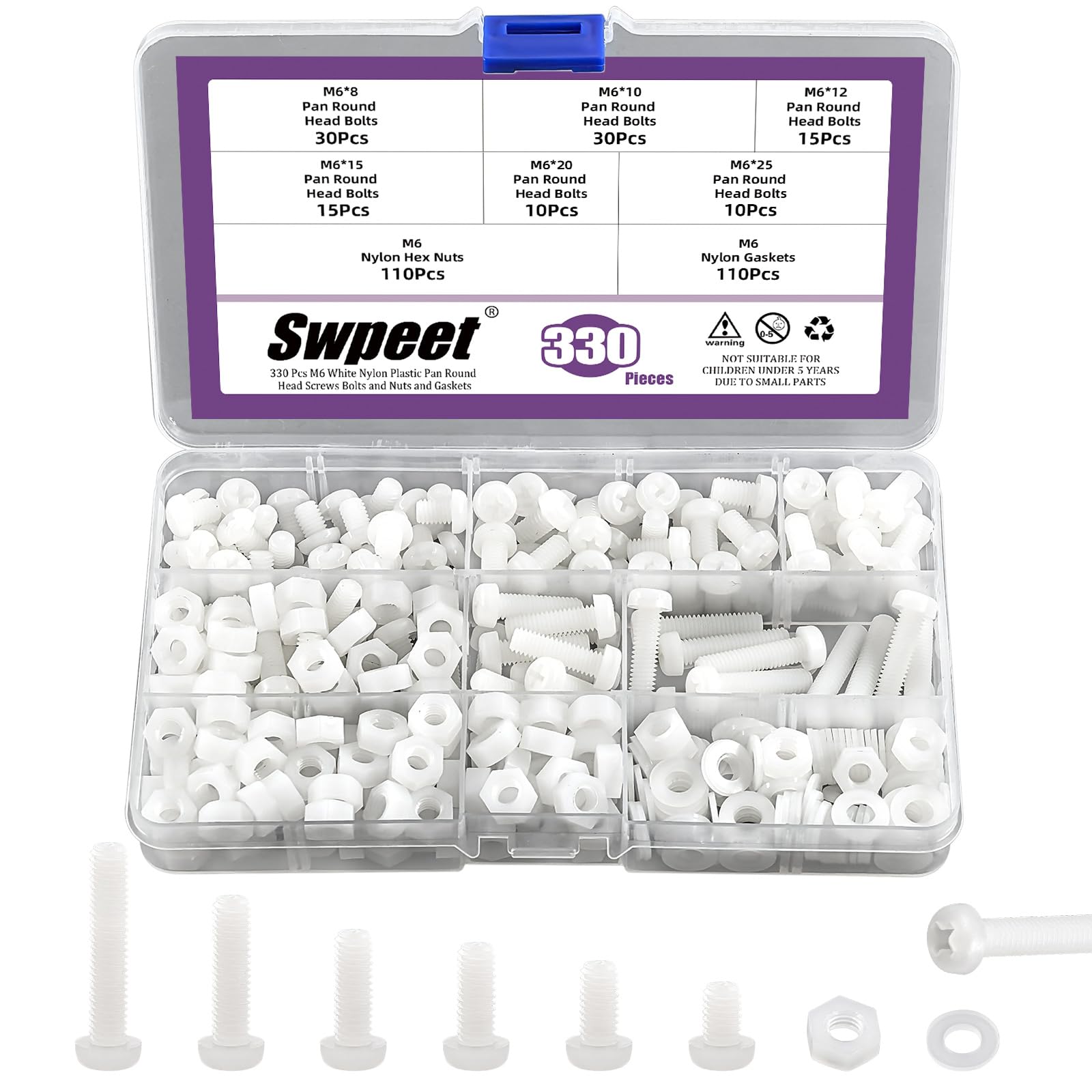 Swpeet 330Pcs 6 Sizes M6 White Nylon Pan Round Head Screws with Hex Nuts and Gaskets Assortment Kit