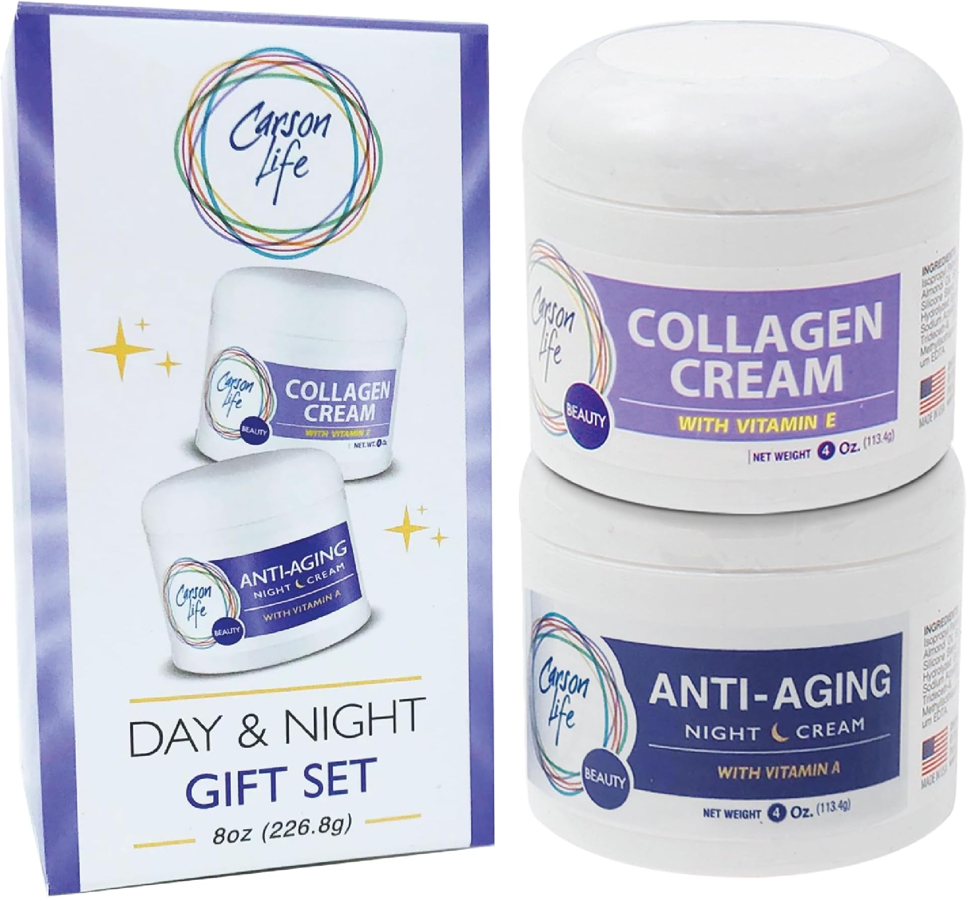 Carson Life Day and Night Face Cream Set - Collagen Moisturizer with Vitamin E - Night Cream with Vitamin A - Face Moisturizer for Mature Skin - 4 Fl Oz