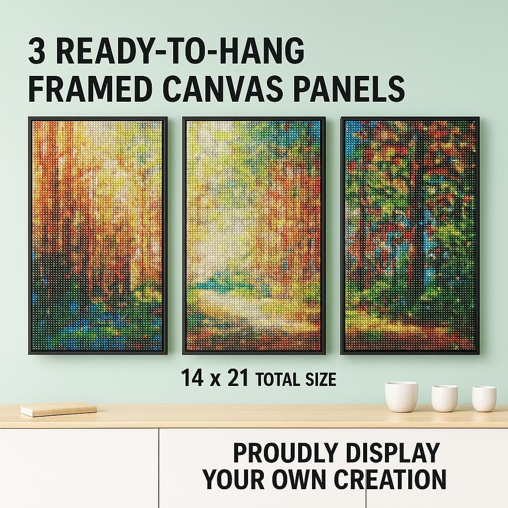 ArtSkills Diamond Painting Kit, Diamond Art on Framed Canvas with Gem Storage Case and Accessory Kit, Forest, 3 Stretched Canvas Panels, 14” x 7” Each