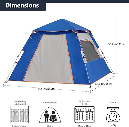 Miniatura 4 de Tienda de campaña para 4 personas, tienda de campaña con un solo toque, tienda de campaña emergente, domo familiar, impermeable, para mochileros,