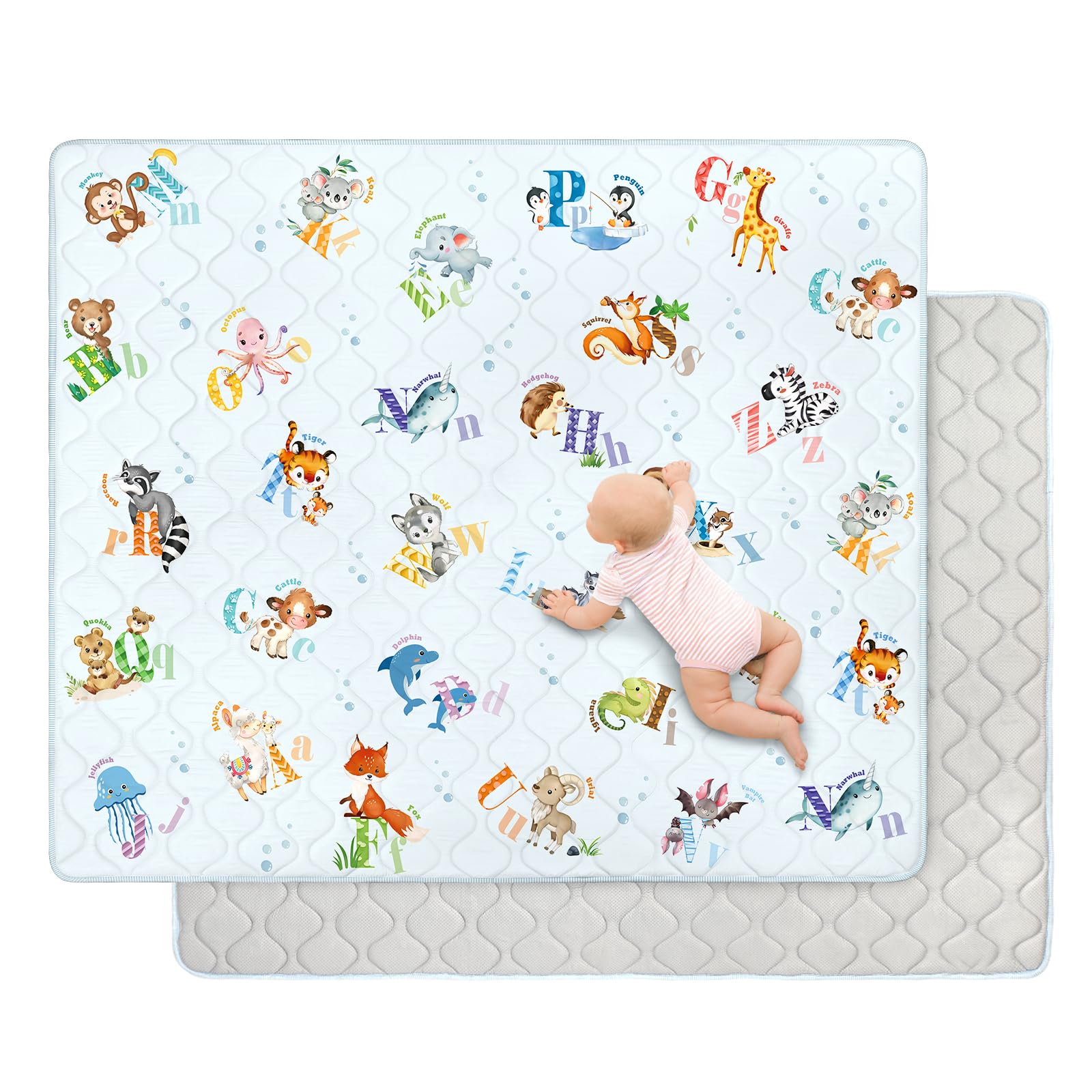 decalsweet Tappeto Gioco Bambini 150×180cm, Addensato 2cm Tappeto Gioco Neonato, Antiscivolo Tappeto Cameretta Bambina & Bambino, Pieghevole Tappeto Tummy Time Neonati (Animali Alfabetici)