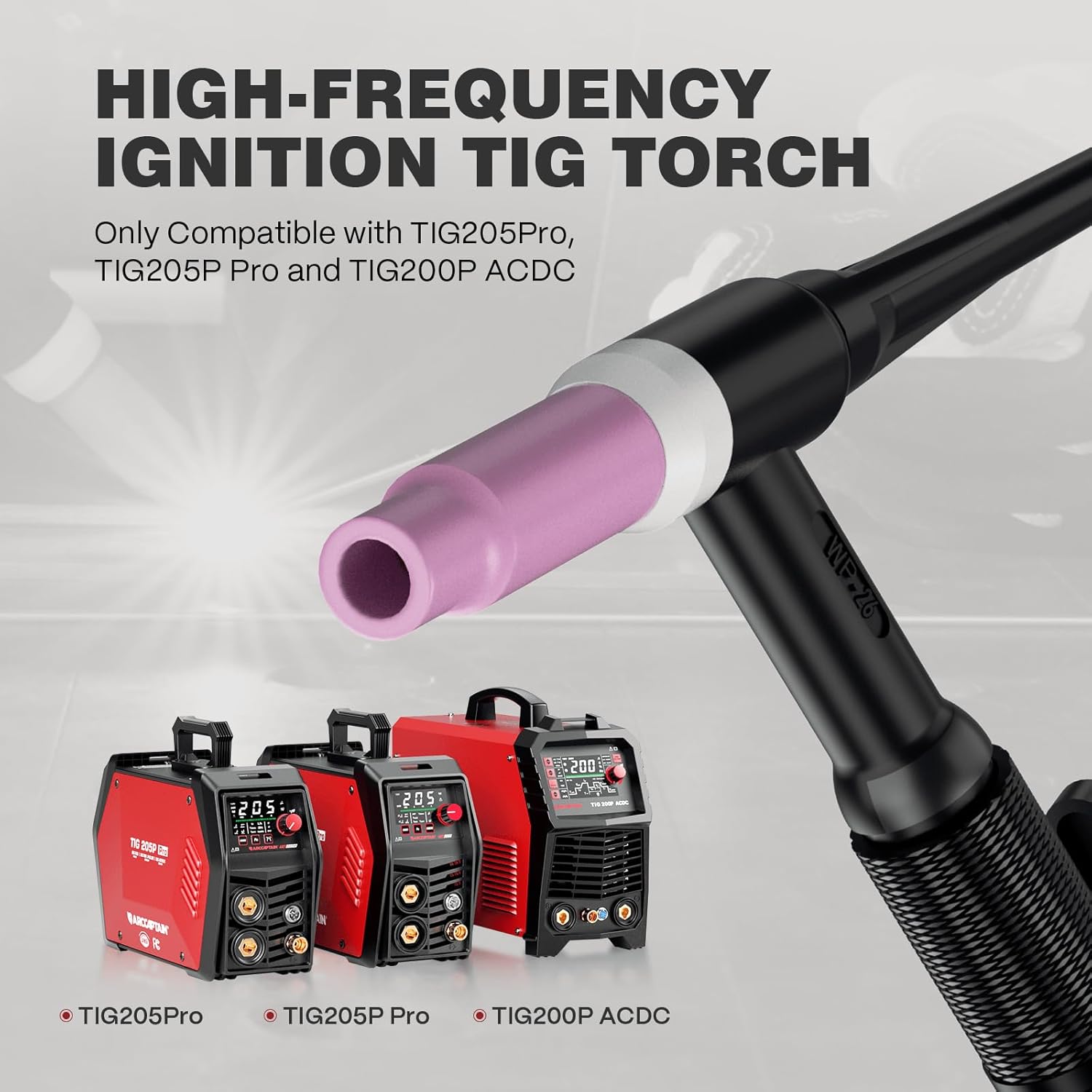 ARCCAPTAIN WP-26 TIG Torch, Air-Cooled TIG Welding Torch with High-Frequency Start, Dinse 35-50mm², 13FT 150A HF TIG Torch Compatible with ARCCAPTAIN TIG205 Pro / TIG205P Pro / TIG200P ACDC