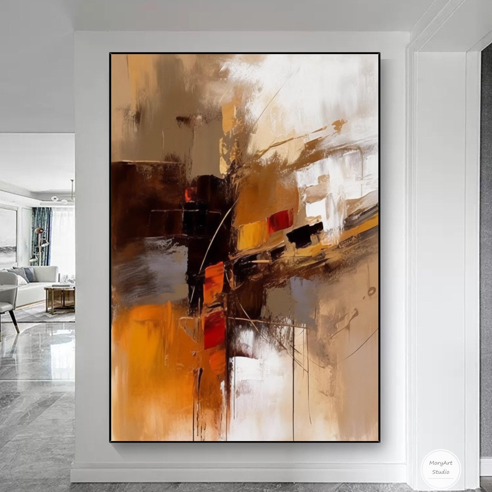 Peintures murales abstraites marron, impressions d'art mural à texture blanche, grandes images murales modernes sur toile orange pour salon 60x80cm (24x31 pouces) cadre noir