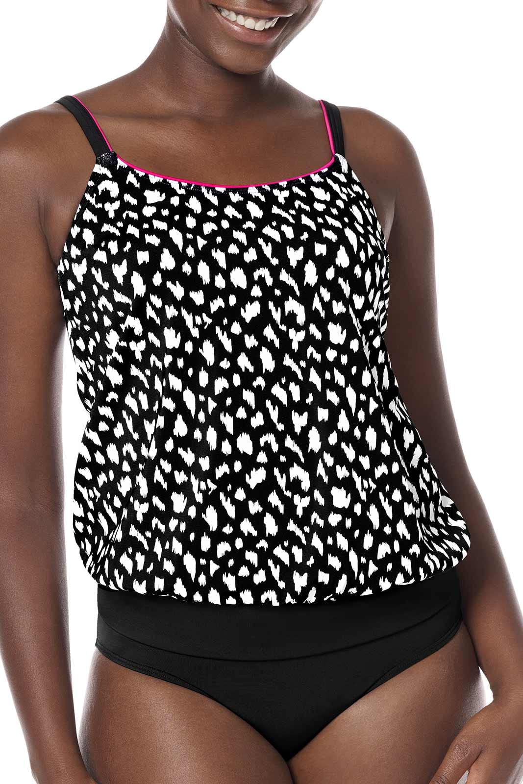 Women's Manila Blouson Tankini Top Mastectomy Pocketed Swimwear Black/White