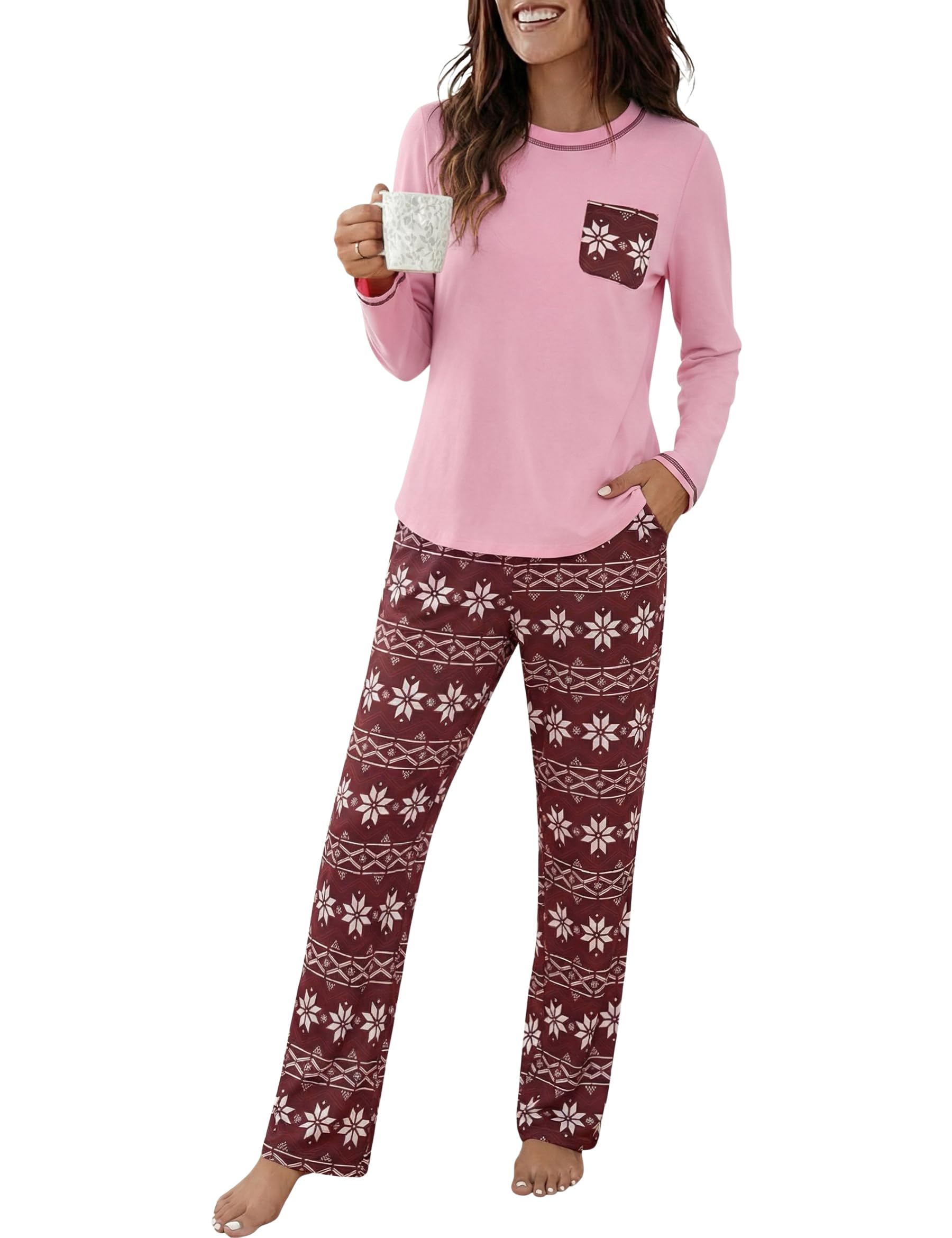 Demegimi Damen Schlafanzug Lang Pyjama Winter Nachtwäsche Baumwolle Pyjamaset Zweiteiler Rundhals Langarm Sleepwear S-XXL