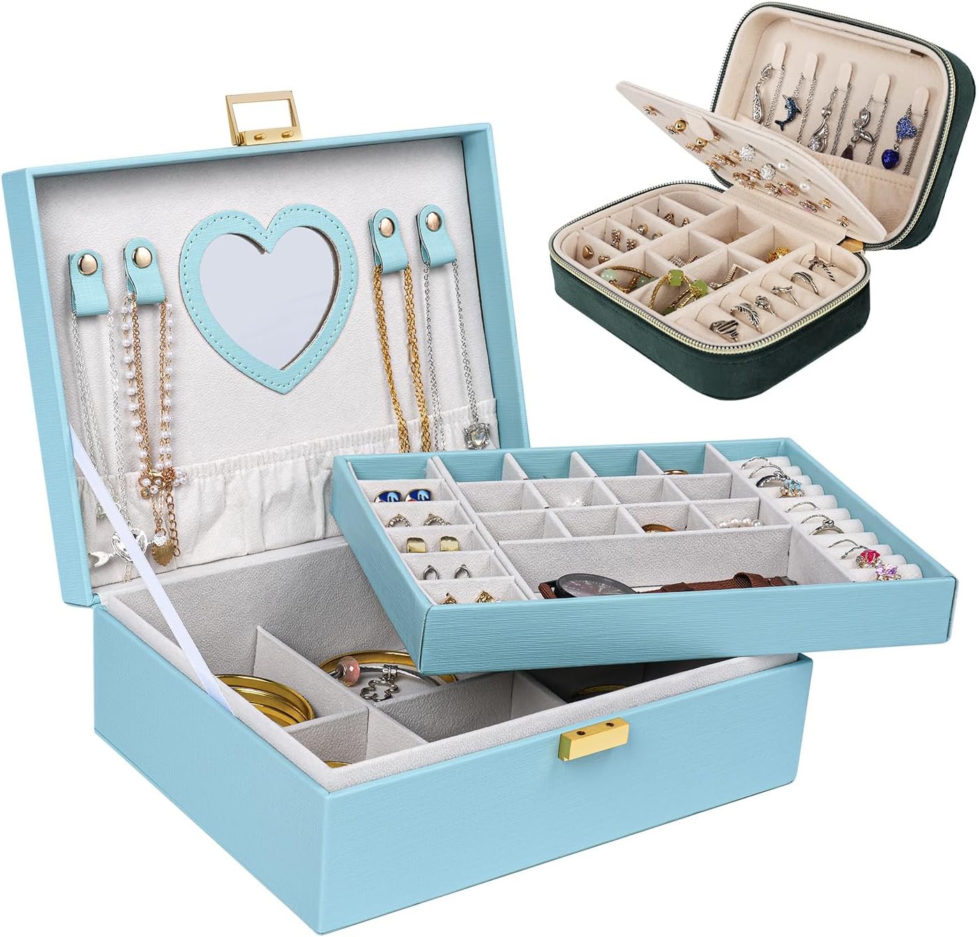 Dajasan 2 Layers Jewelry Box for Women + Velvet Travel Jewelry Box