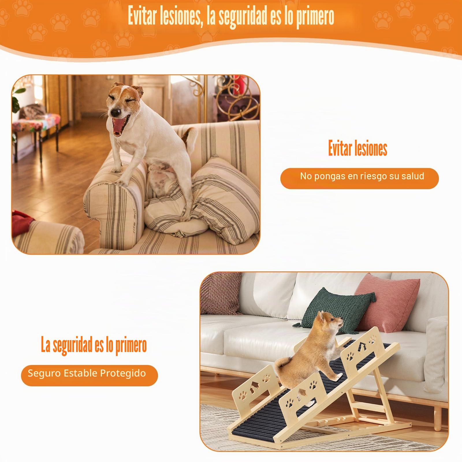 Rampa para perros, cama de 100 cm de largo con barandilla de seguridad, altura ajustable, escalera portátil para perros de madera con rampa antideslizante para cama, sofá, coche, viajes, pequeños