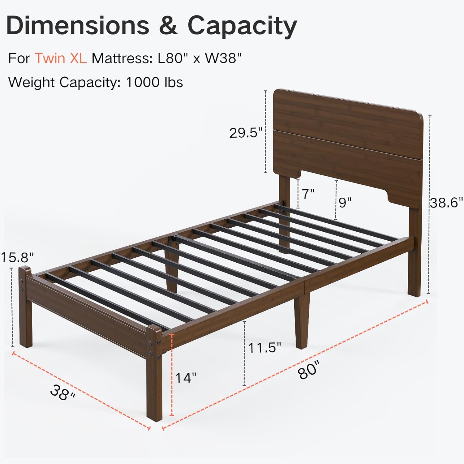 14 Inch High Solid Bamboo Wood Twin XL Bed Frames with Headboard, Heavy Duty Metal Slat Support, No Box Spring Needed, Easy Assembly - Image 2