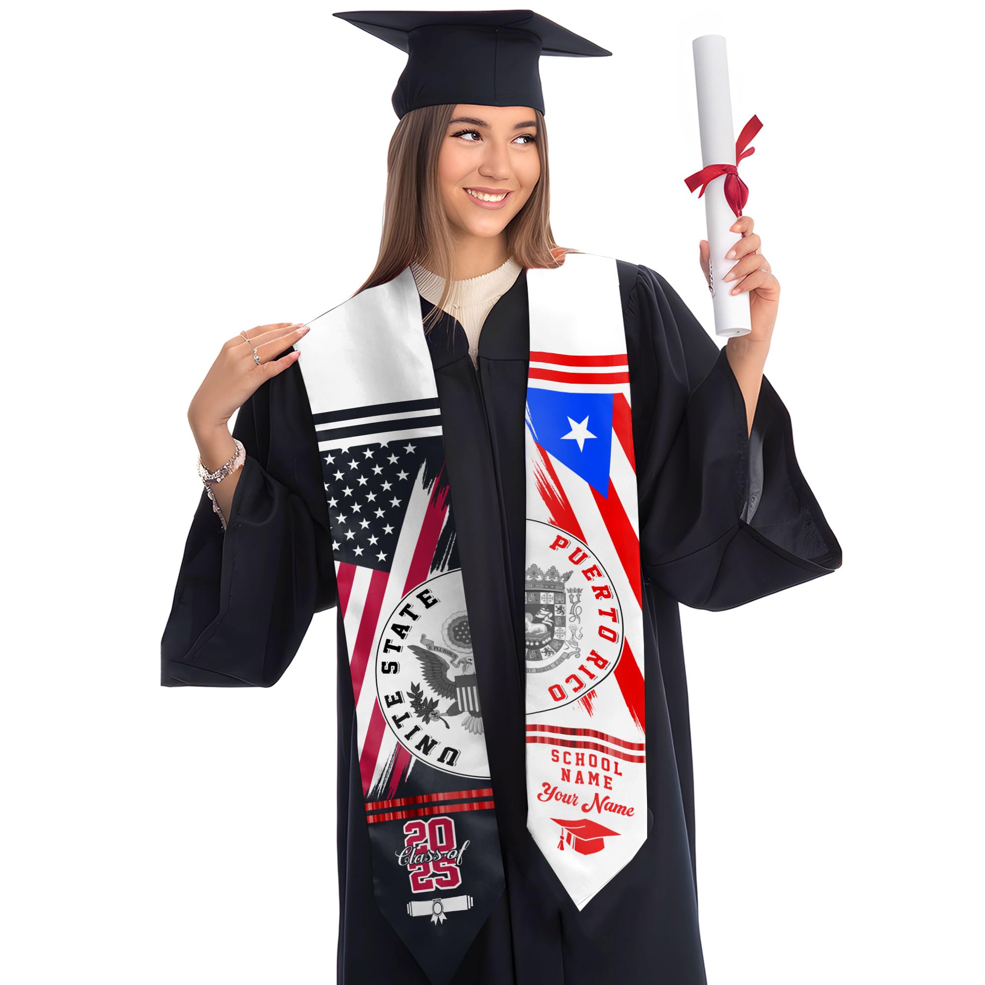 MonkeyVan Custom Puerto Rican Graduation Stole, Puerto Rico Graduation Sash, Puerto Rico American Flag Grad Sash Class Of 2025 Pr 7