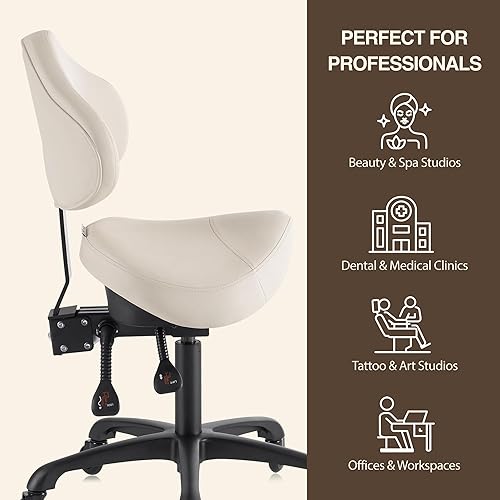 Miniatura 6 de Taburete giratorio neumático con respaldo para clínica higiénica, spa, masaje, hogar y oficina, 510 KOA (vainilla)