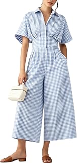 Yeokou Women's Gingham Button Down Jumpsuits Short Sleeve Pleated High Waist Wide Leg Pocketed Casual Daily Travel Outfits