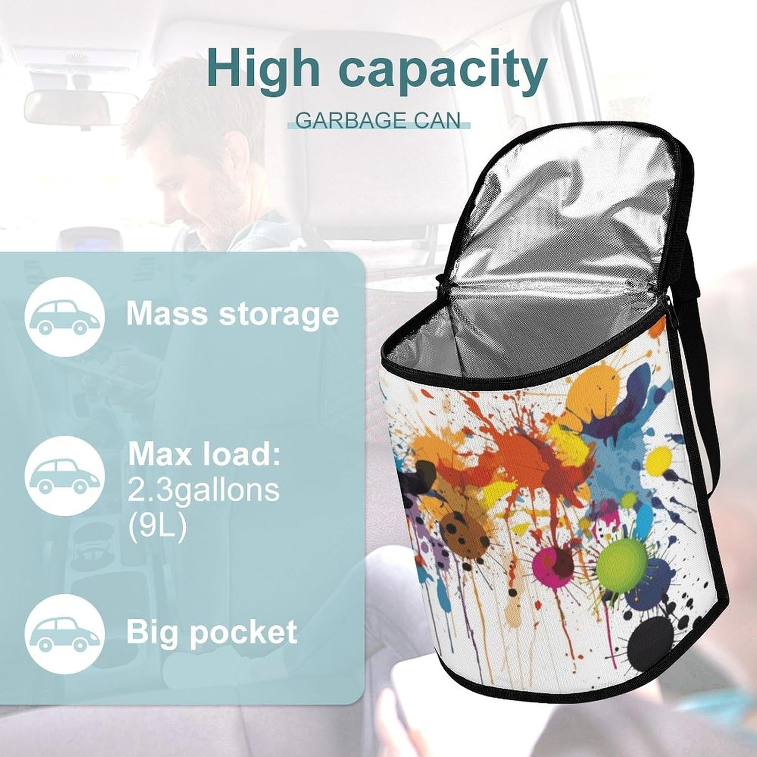 Abstract Paint Splashes Car Trash Can Bin Bag Waterproof Car Garbage Can Bag Trash Can for Car Car Trash Can for Women Men Garbage Can for Car Car Trash Can with Lid Trash for Car Trucks Rvs