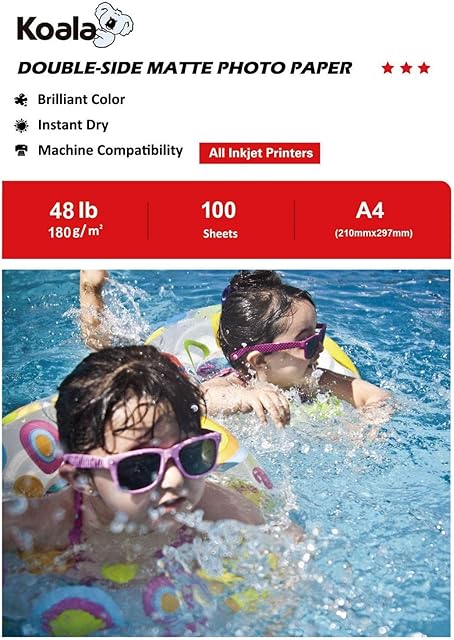 KOALA Double Sided Matte Inkjet Photo Paper A4, 180gsm, 100 Sheets for Inkjet Printers. Suitable for Printing Photos, Brochures, Covers, Certificates, Booklets, Flyers, Leaflets, Cards, Calendars