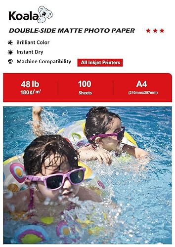 KOALA Double Sided Matte Inkjet Photo Paper A4, 180gsm, 100 Sheets for Inkjet Printers. Suitable for Printing Photos, Brochures, Covers, Certificates, Booklets, Flyers, Leaflets, Cards, Calendars - A4, 210x297mm