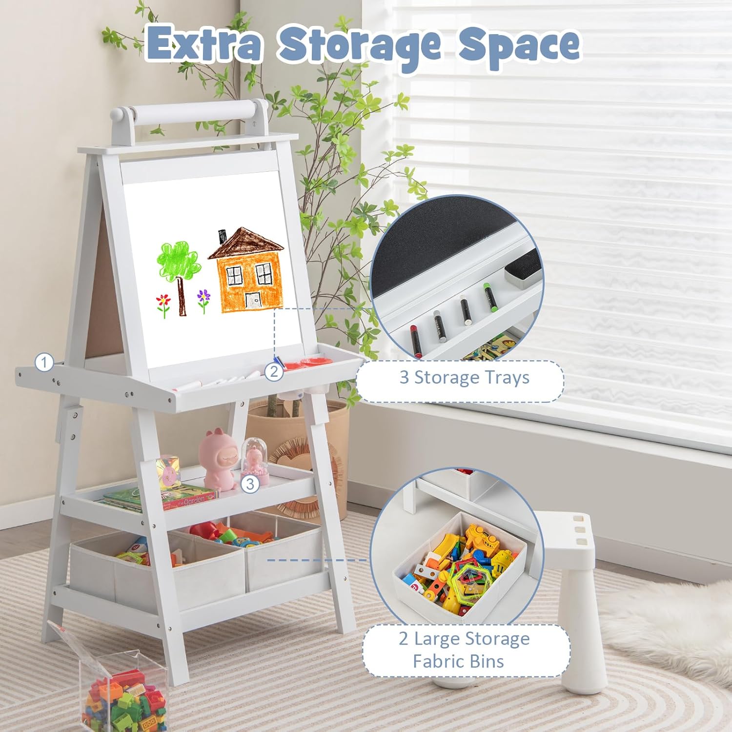 HONEY JOY Art Easel for Kids, 3-in-1 Double-Sided Wooden Toddler Easel w/Magnetic White Board & Chalkboard, Paper Roll, 2 Storage Bins, Painting Dry Erase, Kids Easel for Boys Girls Aged 3+ (White)