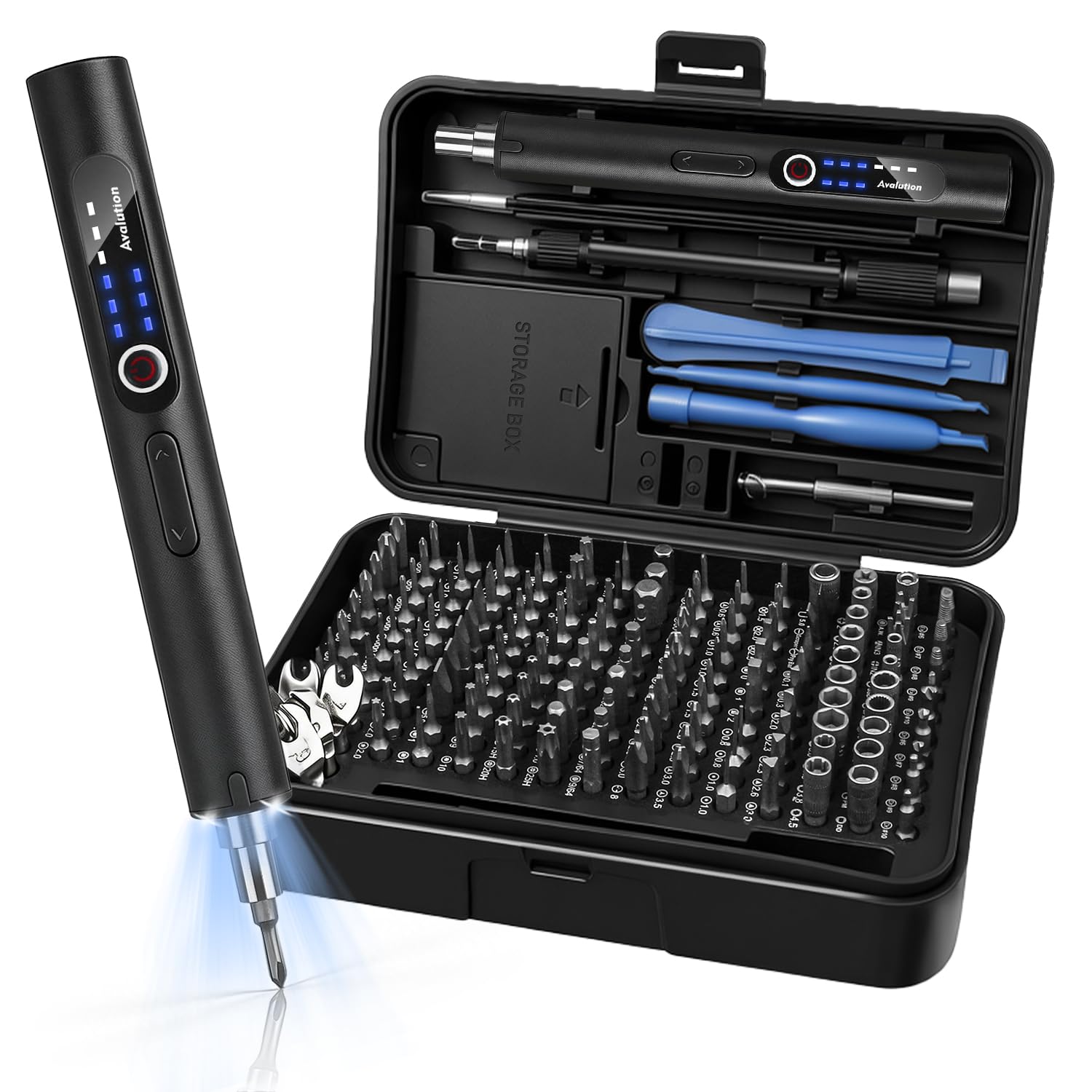Avalution Juego de mini destornilladores eléctricos, kit de destornillador eléctrico 170 en 1, 154 puntas magnéticas S2, 3 ajustes de par, luces LED, kit de herramientas de destornillador de precisión