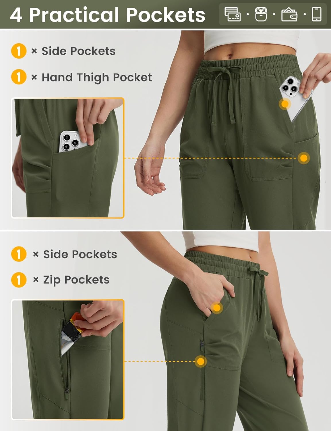 baleaf Women's Capri Pants with Zipper Pocket Lightweight Quick Dry Water Resistant Hiking Pants Adjustable Ankle Cuff - Image 3