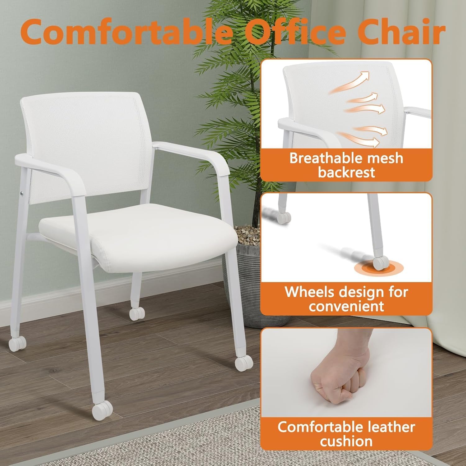 CLATINA Mesh Back Stacking Guest Chairs, Stackable Waiting Room Arm Chair with Wheels & Leather Upholstered for Office Reception Hospital Lobby School Conference Medical Meeting Church, White