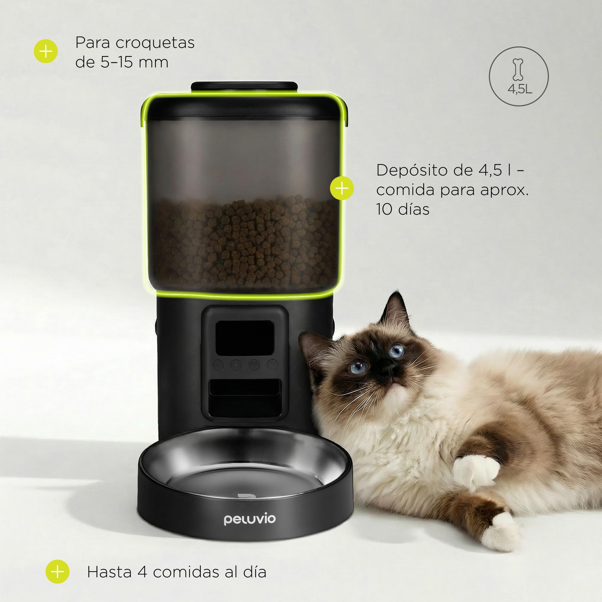 Crispy Comedero Automático para Perro, Dispensador de Comida Programable con Temporizador, sin App Fácil, LCD, USB-C con Pilas de Respaldo, Cuenco Acero Inoxidable, 4,5 L, 2 Deshumidificadores
