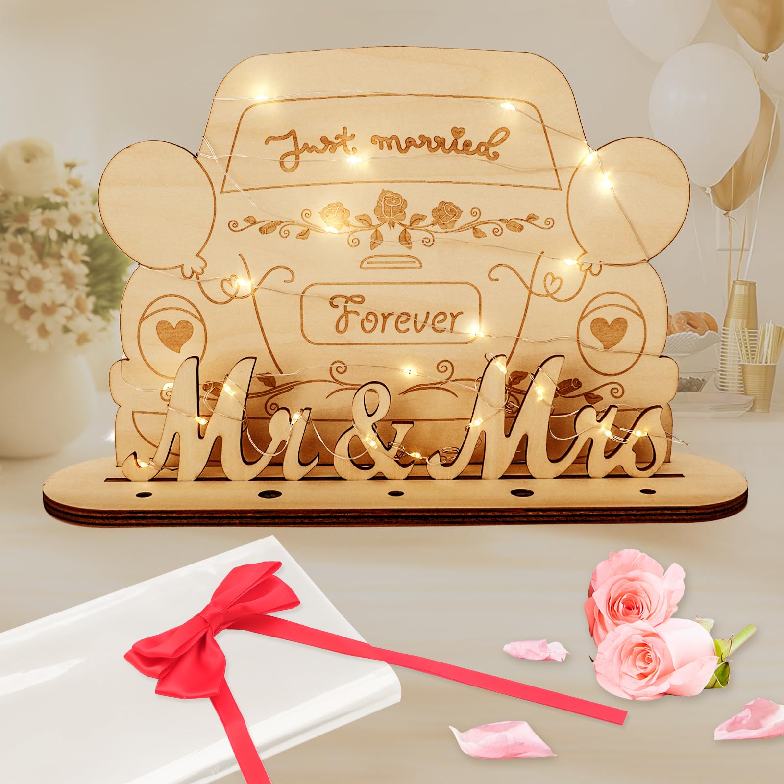 Seutgjie Regalos para Los Novios Originales con Cadena de Luces LED, Pajarita y Papel de Regalo, Tarjeta Felicitacion Boda de Madera