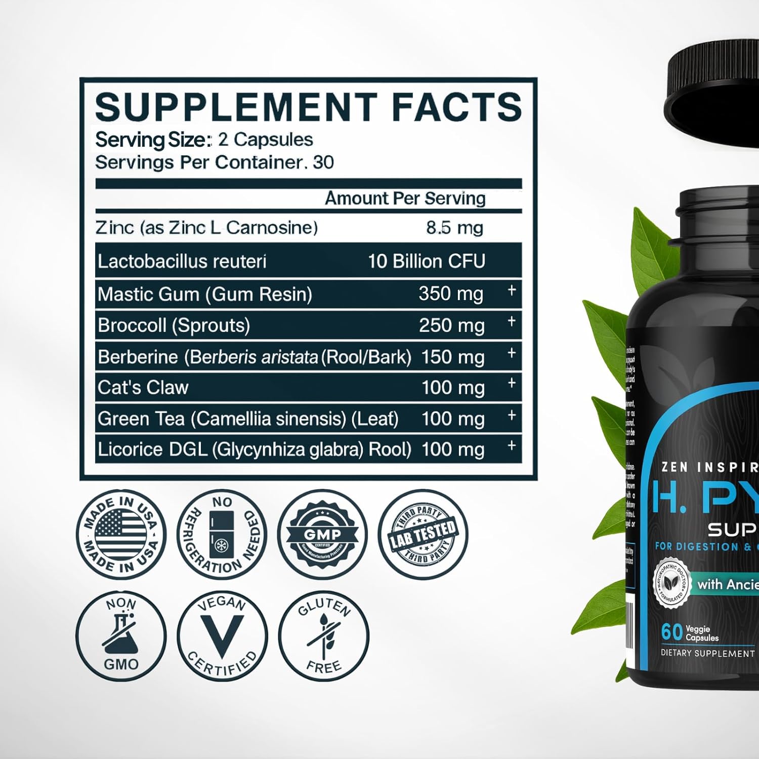 Zenmen H. Pylori Support | Lactobacillus Reuteri Probiotic with Mastic Gum for Digestion & GI Health - Third Party Tested, 60 Vegan Capsules, Made in The USA - Image 4