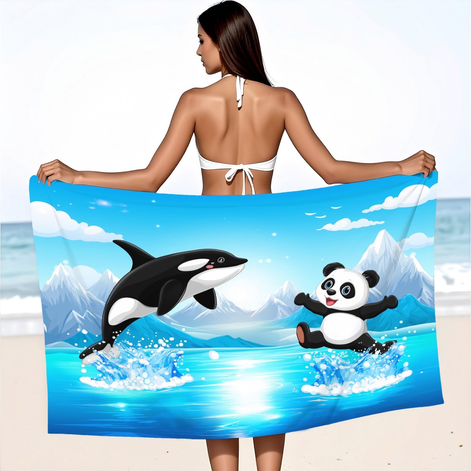 Générique Drap de Plage Anti Sable Sechage Rapide 180 cm x 160 cm Cartoon Fun Serviette de Plage Microfibre Aventure Nature Paysage Animaux Panda Baleine Absorbante Super Couverture de Plage