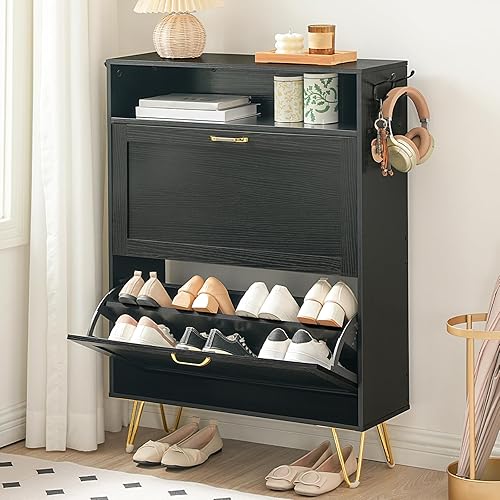 HOOBRO Shoe Cabinet, Shoe Storage Cabinet for Entryway, with 2 Flip Drawers, Hidden Tipping Bucket Shoe Cabinet, Shoe Organizer Cabinet, with Open Shelves and Coat Hooks, Black BK12SC01