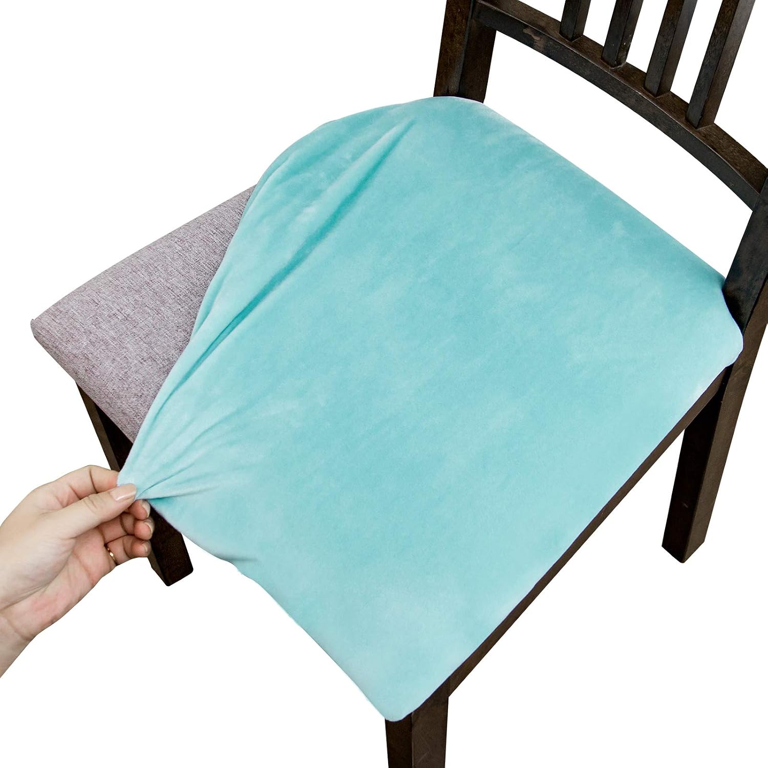 Argstar 4 Pack Velvet Seat Covers for Dining Room Chairs, Plush Dining Chair Seat Cover, Stretch Kitchen Chair Cover, Chair Covers for Dining Room Set of 4 (Sky Blue)