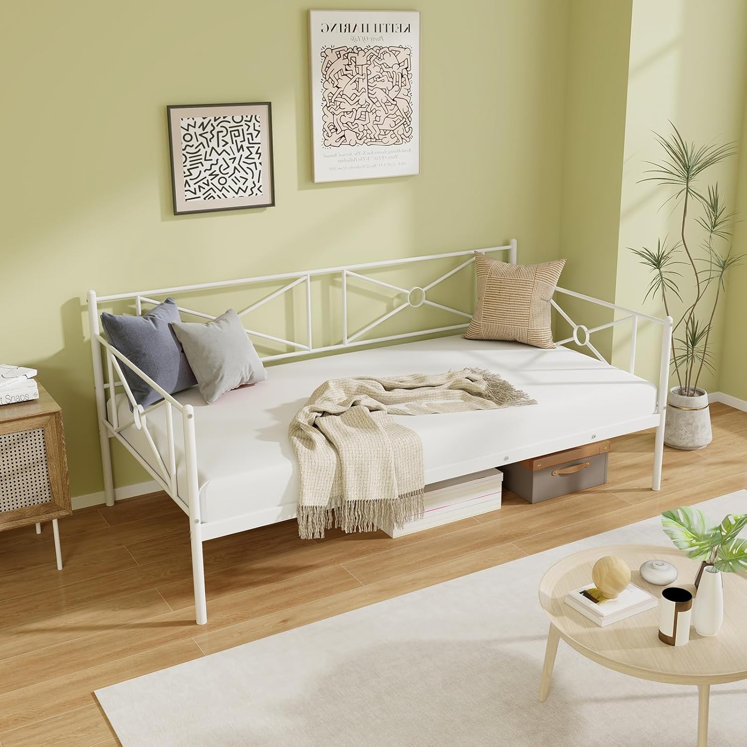 KOMFOTT Twin Size Metal Daybed Frame, Heavy-Duty Steel Slats Support Platform Bed Frame, Multifunctional Sofa Guest Bed with Headboard for Living Room, Bedroom, Guest Room, No Box Spring Needed