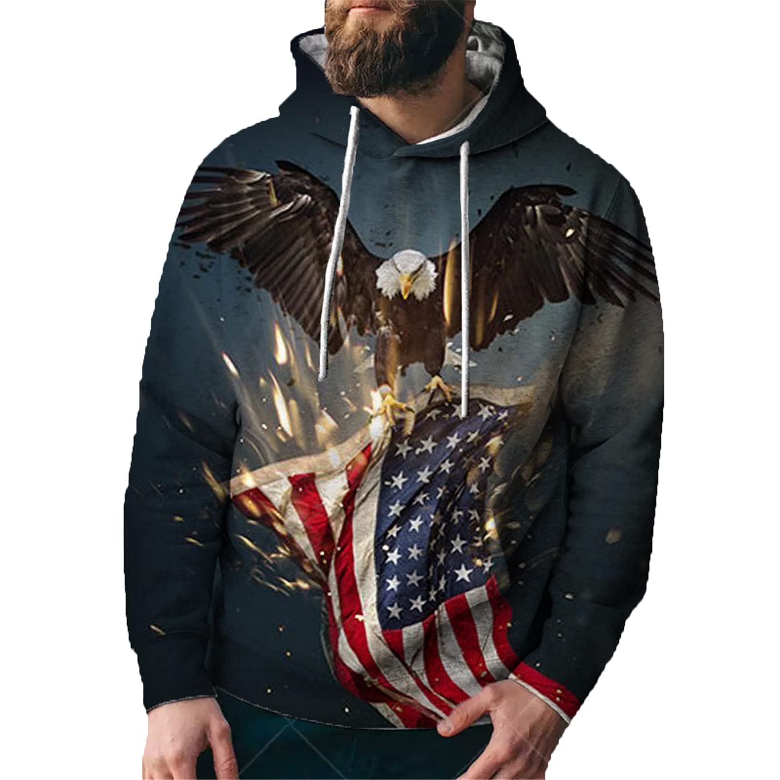 Men's Retro Hoodies American Flag Eagle Print Personalised Sweatshirt Pullover with Pockets