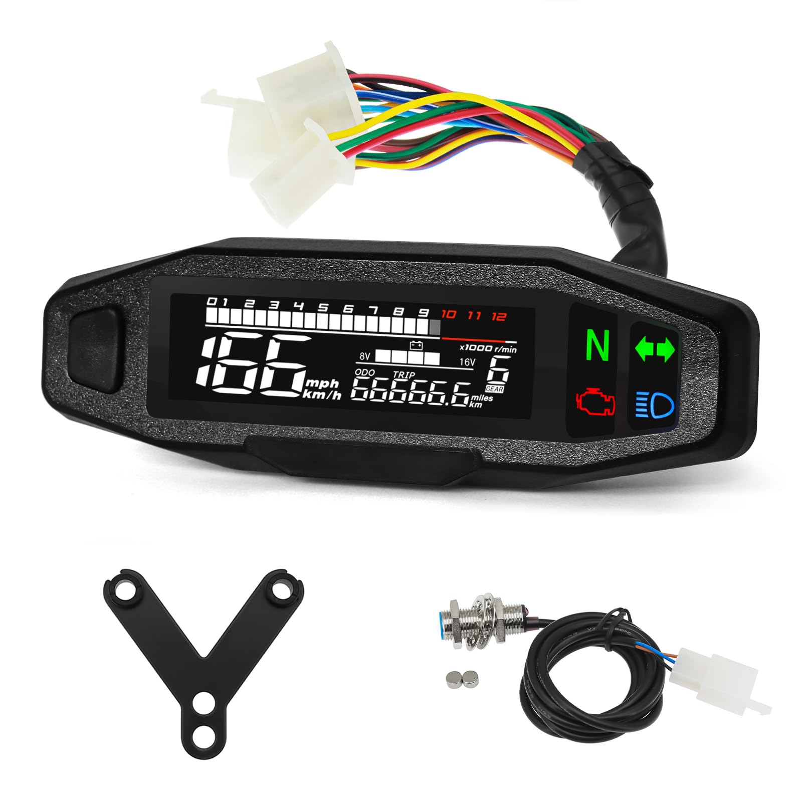 Universal Motorcycle Speedometer & Tachometer Gauge Cluster, 9-16V Digital LCD Display with Odometer, 6 Gear Indicator, 12000 RPM, MPH/KMH for Small Engine Motorcycles